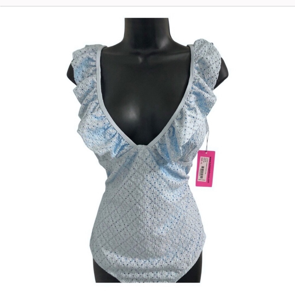 Betsey Johnson Clear sky blue 1piece Ruffle strap eyelet Swimsuit size large new - Picture 6 of 15